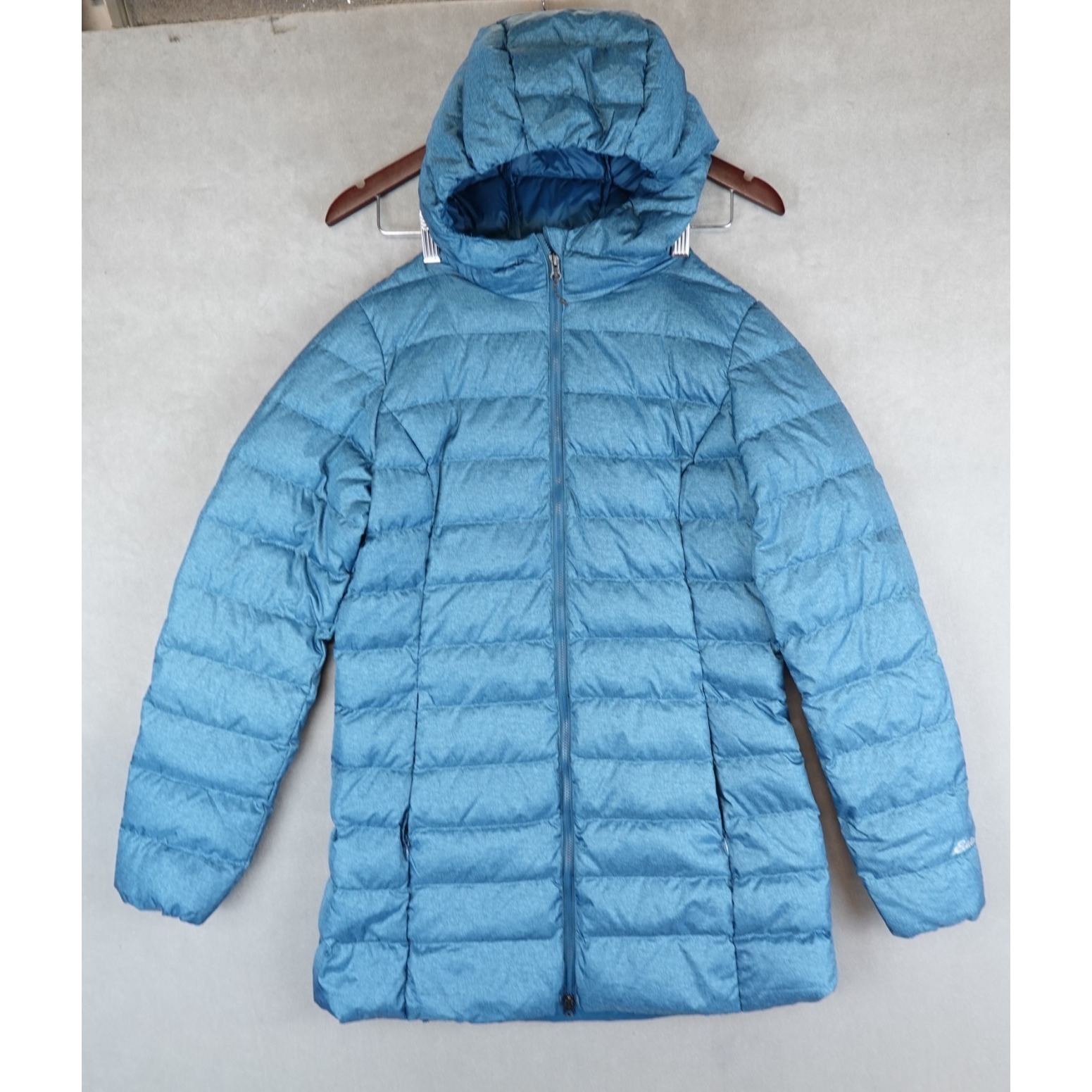 Eddie Bauer Down Puffer Jacket Womens S Blue Hooded Eb650 Quilted Zip Warm Euc